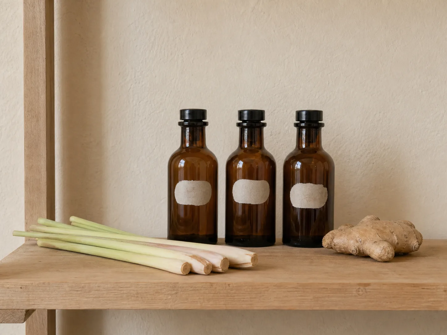 Three small bottles of oil blends on a wooden shelf