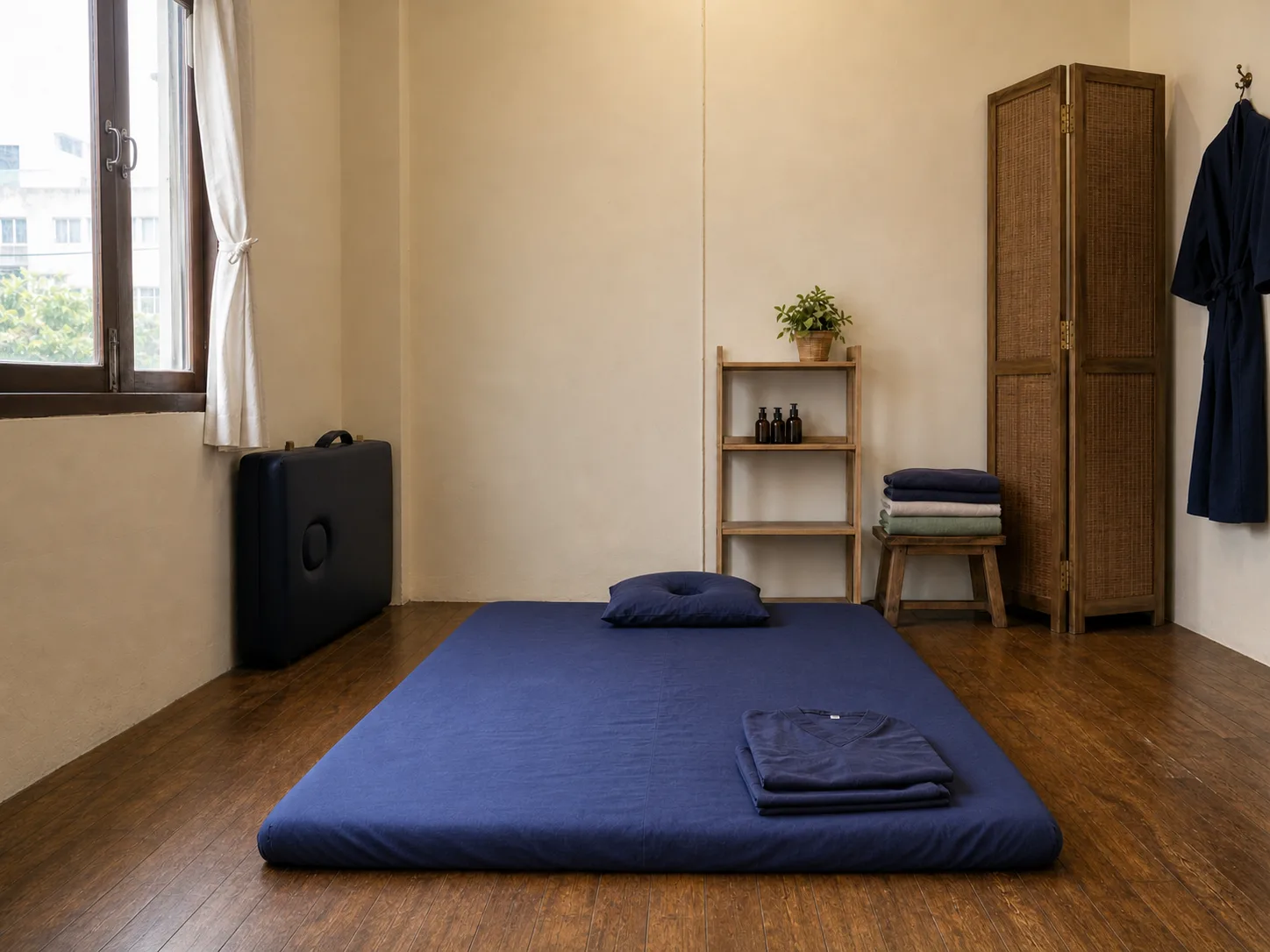 A floor mat made up for Thai massage, with a folded set of loose clothes